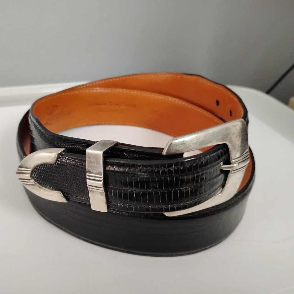 ❤️Rare CLINT ORMS GREG JENSEN STERLING BUCKLE  & LUCCHESE Teju Lizard Belt 31-35 - Picture 2 of 11